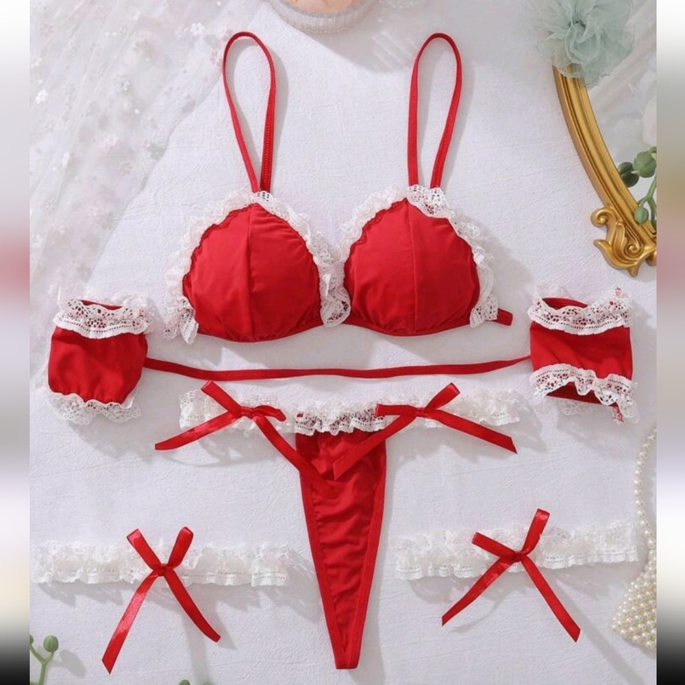 SHEIN Red Lace Trim Bra Set